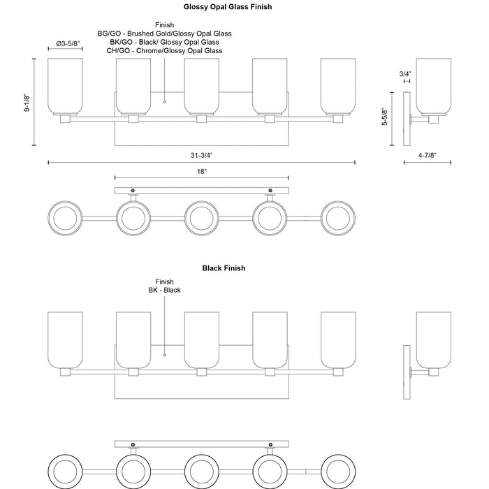 Nola Five Light Vanity Brushed Gold/Glossy Opal Glass-Bathroom Fixtures-Kuzco Lighting-Lighting Design Store