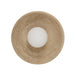 Wall light with a round white globe set in a curved beige stone frame.