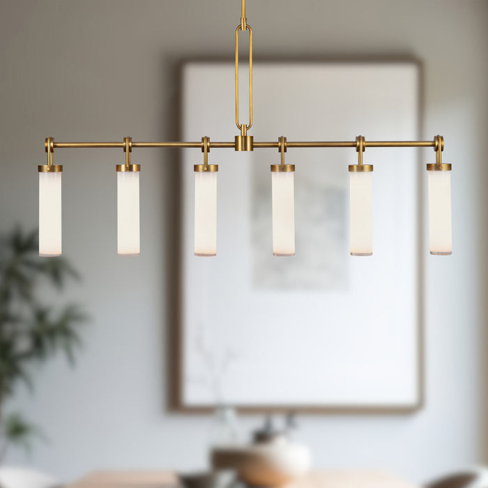 Wynwood Six Light Linear Pendant Vintage Brass/Glossy Opal-Linear/Island-Alora-Lighting Design Store