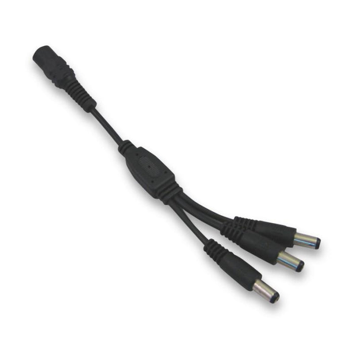 Black multi-plug cable on a white background