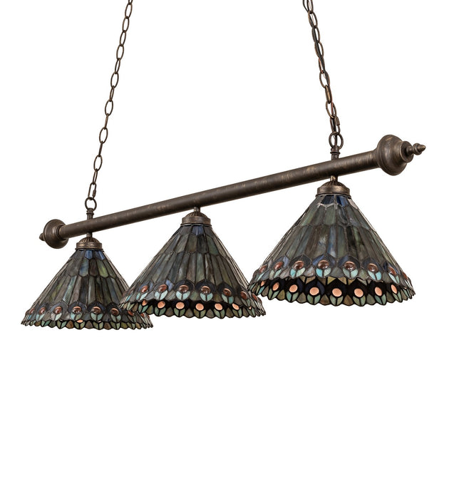 Meyda Tiffany - 270445 - Three Light Island Pendant - Tiffany Jeweled Peacock - Antique Brass