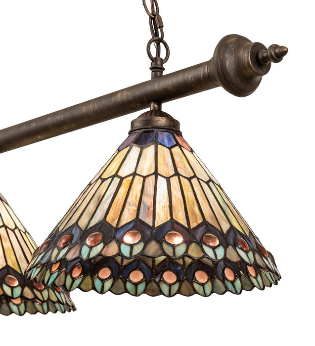 Meyda Tiffany - 270445 - Three Light Island Pendant - Tiffany Jeweled Peacock - Antique Brass