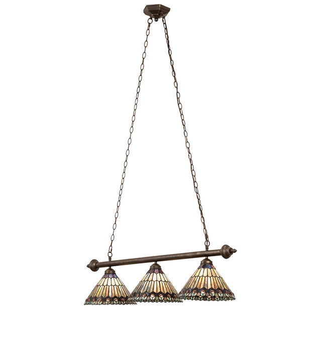 Meyda Tiffany - 270445 - Three Light Island Pendant - Tiffany Jeweled Peacock - Antique Brass