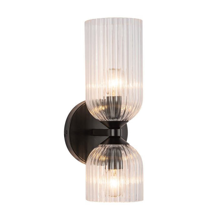 Alora - WV442612MBCR - Two Light Vanity - Nelly - Matte Black/Clear Ribbed Glass