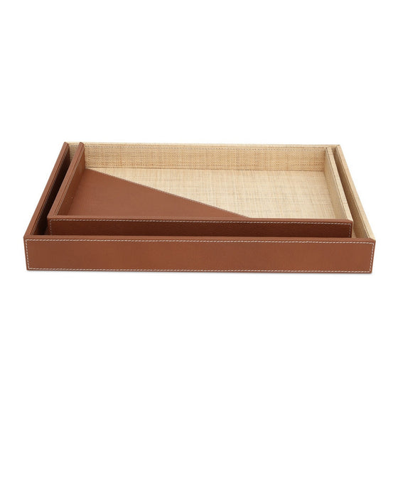 Currey and Company - 1200-1070 - Tray Set of 2 - Leather & Raffia - Brown/Natural
