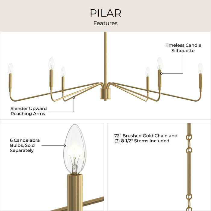 Progress Lighting - P400473-191 - Six Light Chandelier - Pilar - Brushed Gold