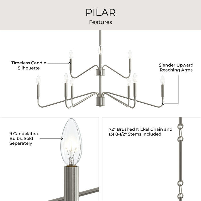Progress Lighting - P400474-009 - Nine Light Chandelier - Pilar - Brushed Nickel