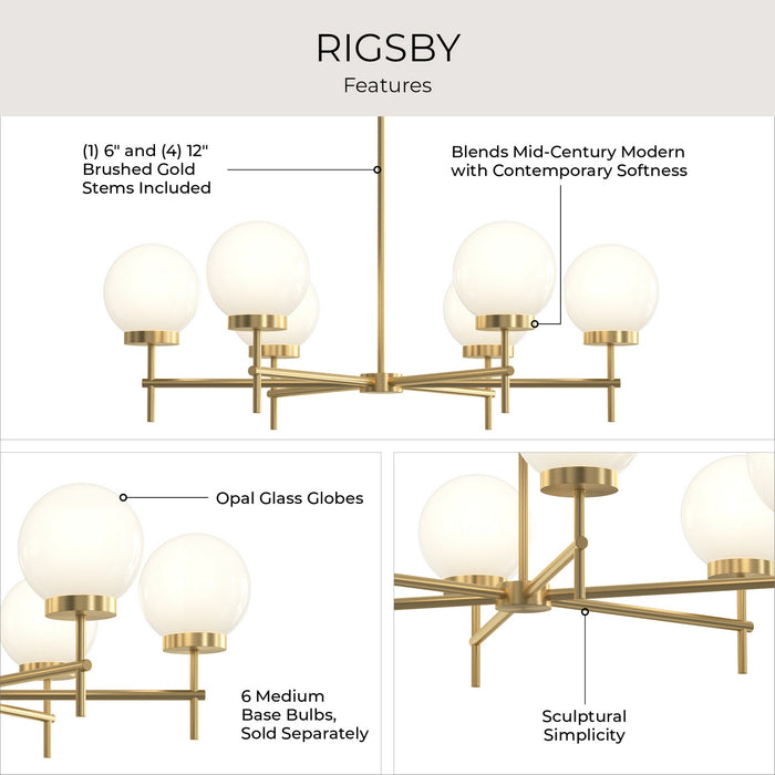Progress Lighting - P400469-191 - Six Light Chandelier - Rigsby - Brushed Gold