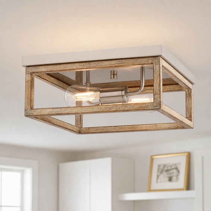 Vaxcel - C0363 - Two Light Flush Mount - Pratt - Satin Nickel and Light Oak