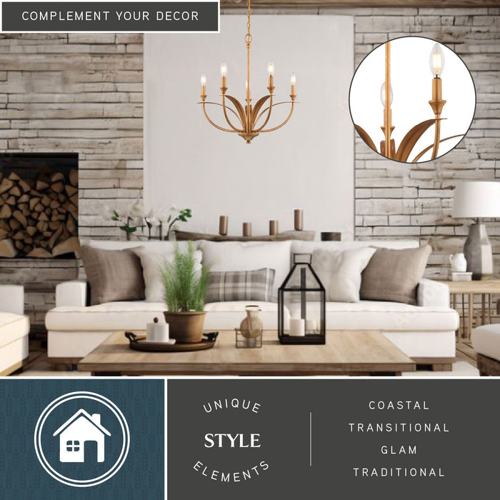 Vaxcel - H0324 - Five Light Chandelier - Fern Ridge - Heritage Gold