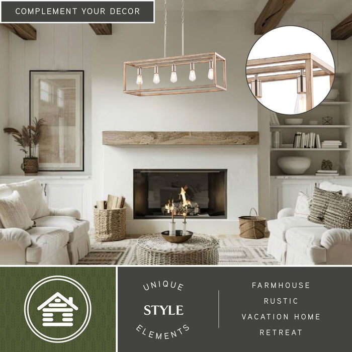 Vaxcel - H0332 - Five Light Linear Chandelier - Pratt - Satin Nickel and Light Oak