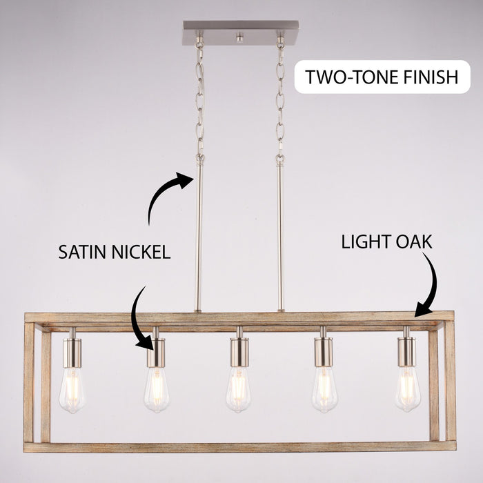 Vaxcel - H0332 - Five Light Linear Chandelier - Pratt - Satin Nickel and Light Oak