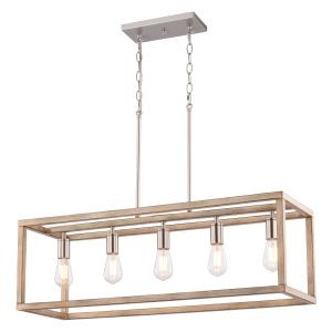 Vaxcel - H0332 - Five Light Linear Chandelier - Pratt - Satin Nickel and Light Oak