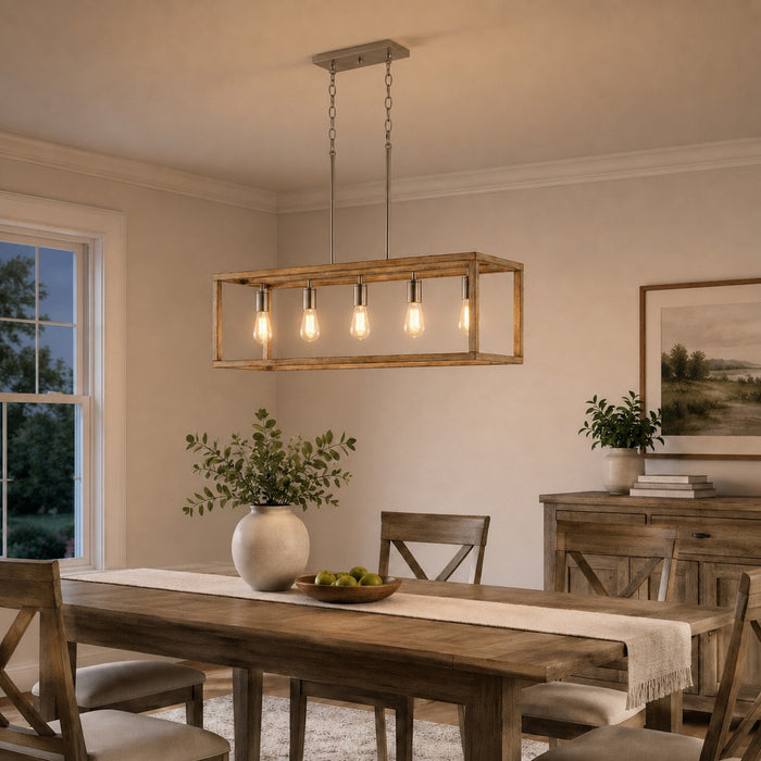Vaxcel - H0332 - Five Light Linear Chandelier - Pratt - Satin Nickel and Light Oak