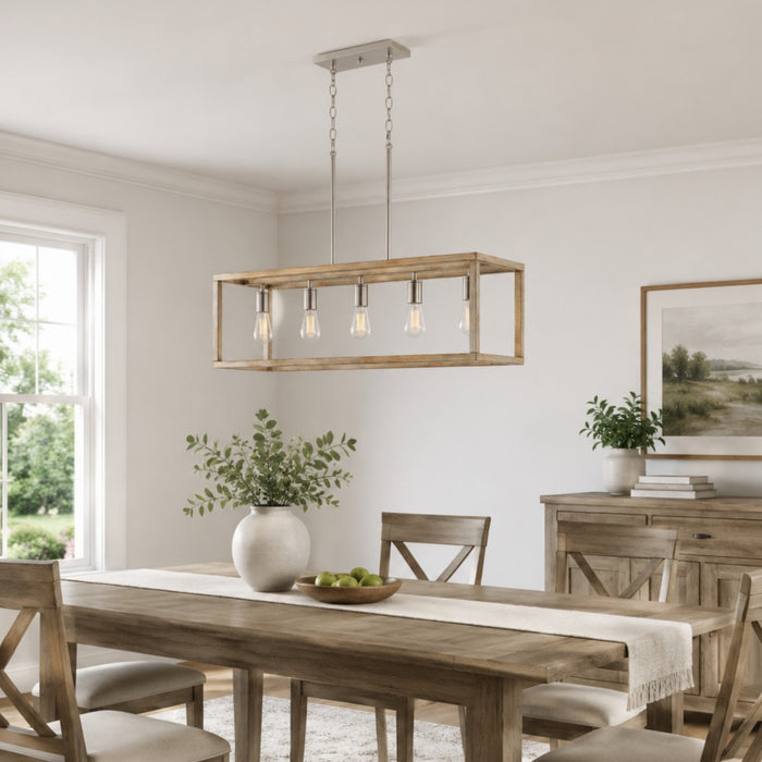 Vaxcel - H0332 - Five Light Linear Chandelier - Pratt - Satin Nickel and Light Oak