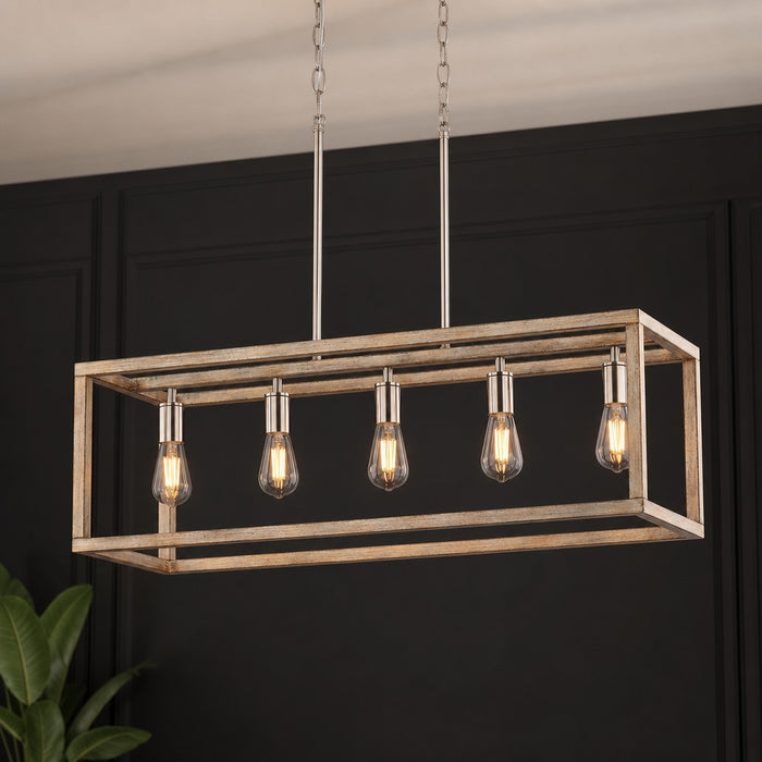 Vaxcel - H0332 - Five Light Linear Chandelier - Pratt - Satin Nickel and Light Oak