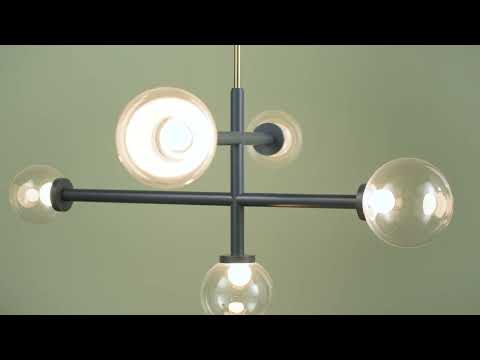Chandelier-style light fixture combining bold, structured lines with soft visual elements, featuring large clear glass orbs that fully expose the light source. The frame is finished in a cool slate blue, creating contrast with an aged brass central rod. The glass orbs allow light to shine brightly and evenly, while the mixed finishes add depth and a modern, balanced aesthetic.
