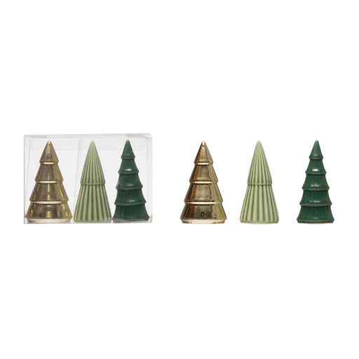 Creative Co-op Porcelain Trees, Boxed Set of 3 in Gold, Sage, and Green