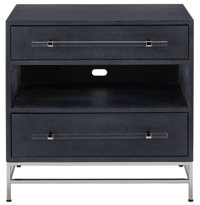 Currey and Company - 3000-0153 - Nightstand - Navy Lacquered Linen/Polished Nickel/Black/Clear