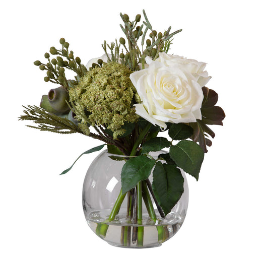 Uttermost - 60182 - Floral Bouquet & Vase - Belmonte - Berries, Greenery, Seed Pods, Succulents And Cream Roses In A Clear