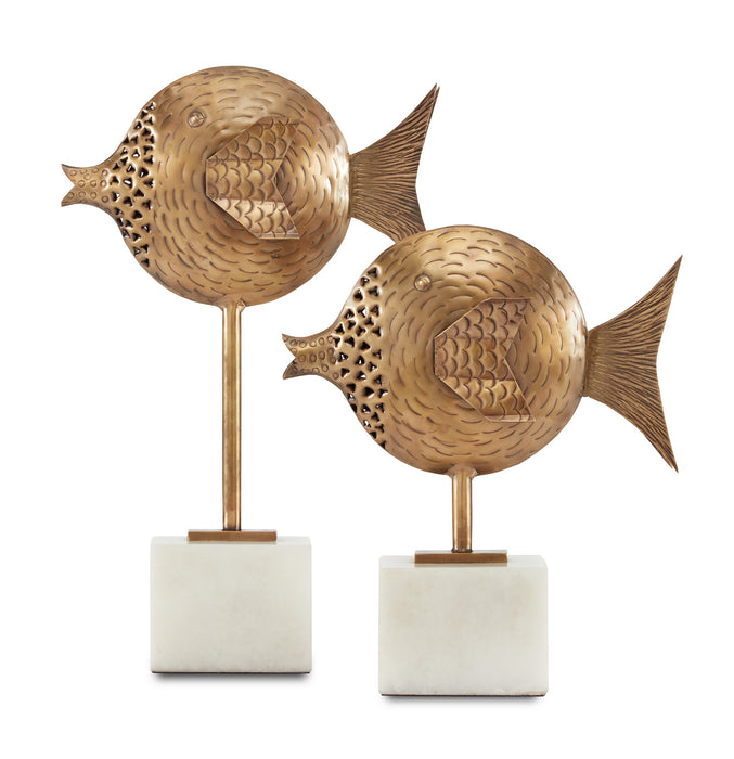 Currey and Company - 1200-0513 - Fish Set of 2 - Antique Brass/White