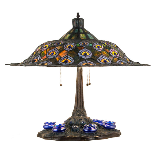 Meyda Tiffany - 49869 - Three Light Table Lamp - Tiffany Peacock Feather - Antique Copper