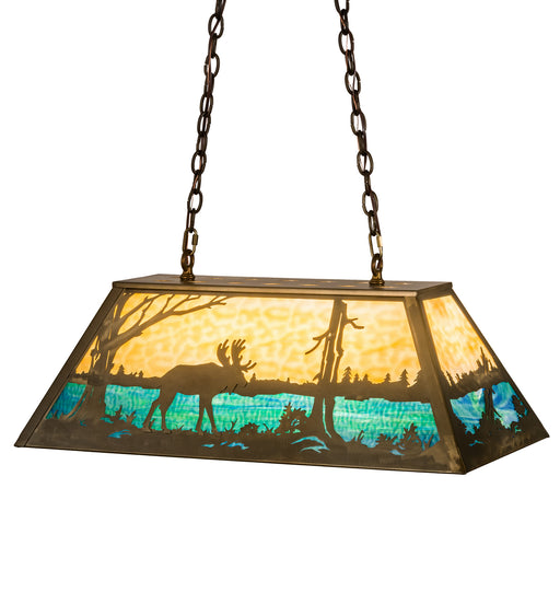 Meyda Tiffany - 30058 - Six Light Oblong Pendant - Moose At Lake - Antique Copper