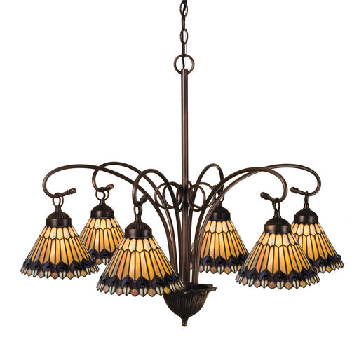 Meyda Tiffany - 12271 - Six Light Chandelier - Tiffany Jeweled Peacock - Brushed Nickel