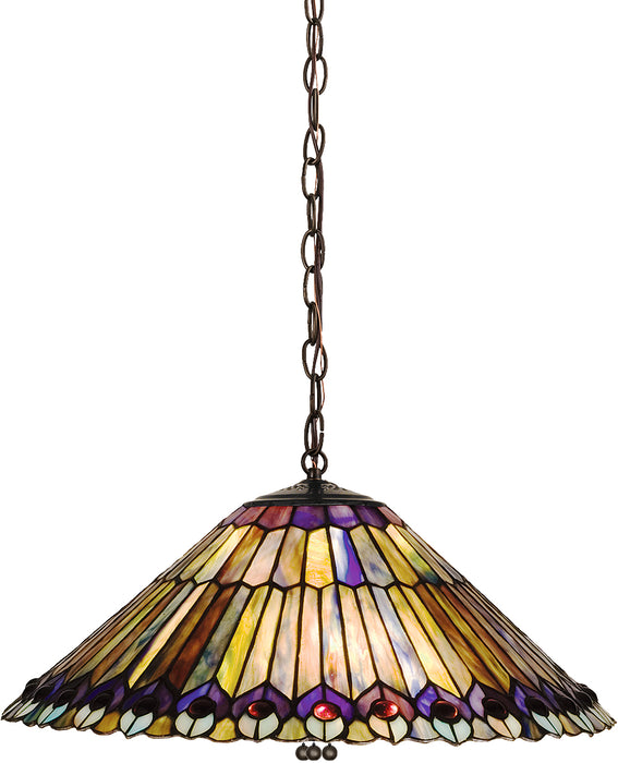 Meyda Tiffany - 26487 - Three Light Pendant - Tiffany Jeweled Peacock - Craftsman Brown