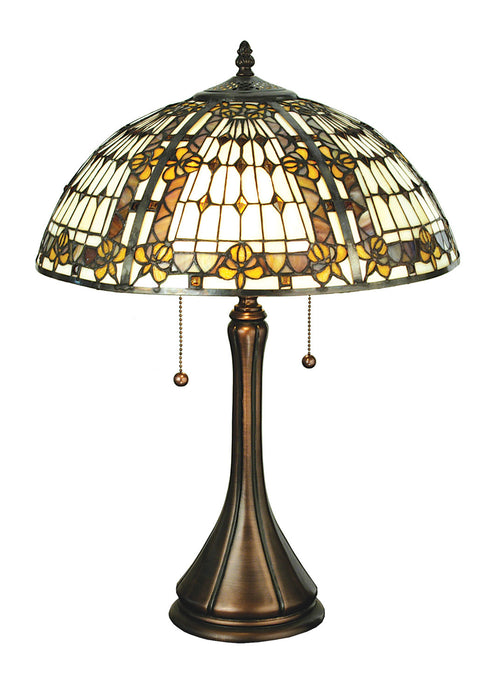 Meyda Tiffany - 27031 - Two Light Table Lamp - Fleur-De-Lis - Beige Ha Green/Blue Amber