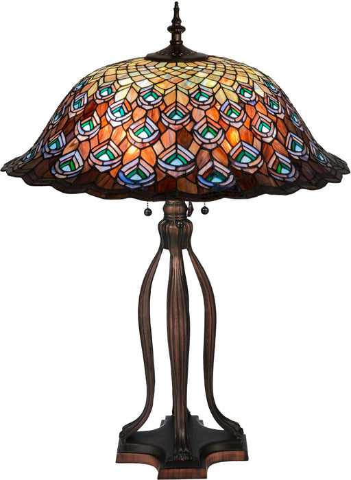 Meyda Tiffany - 28504 - Three Light Table Lamp - Tiffany Peacock Feather - Green/Blue Pbag Purple/Blue Lt Blue Aqua/Green