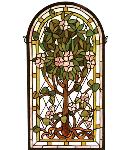 Louis C. Tiffany Tree store of Life Stained Glass in a Brass Frame with Chain