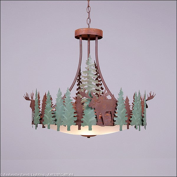 Avalanche Ranch - A40328FC-HR-04 - Pendants - Bowl Style - Crestline-Moose - Pine Green/Rust Patina