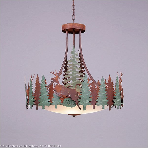Avalanche Ranch - A40331FC-HR-04 - Pendants - Bowl Style - Crestline-Deer - Pine Green/Rust Patina