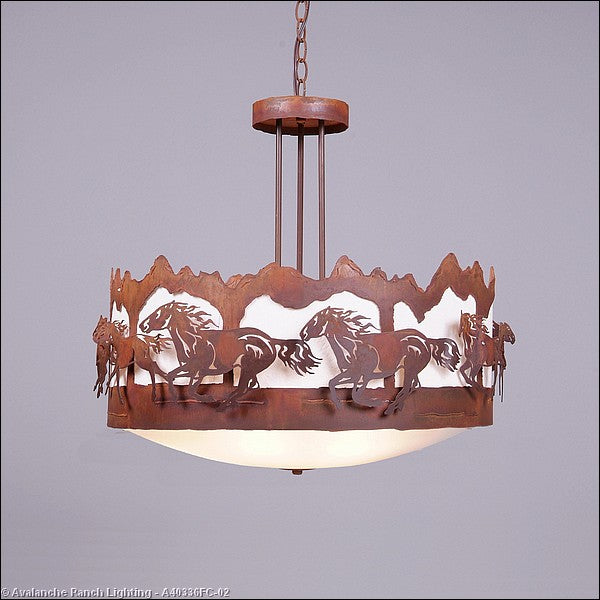 Avalanche Ranch - A40336FC-02 - Pendants - Bowl Style - Crestline-Horse/Mountain - Rust Patina