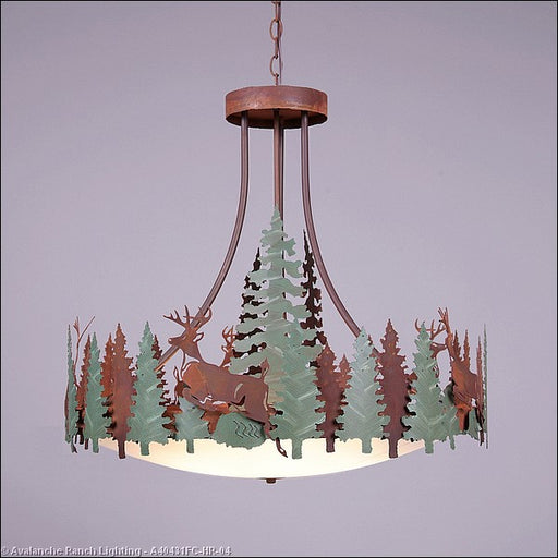 Avalanche Ranch - A40431FC-HR-04 - Pendants - Bowl Style - Crestline-Deer - Pine Green/Rust Patina
