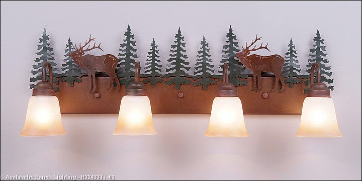 Avalanche Ranch - H32433TT-03 - Bathroom Fixtures - Four Lights - Denali-Mountain Elk - Cedar Green/Rust Patina