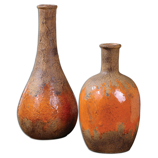 Uttermost - 19825 - Vases, S/2 - Kadam - Rust Brown Ceramic w/Bright Orange
