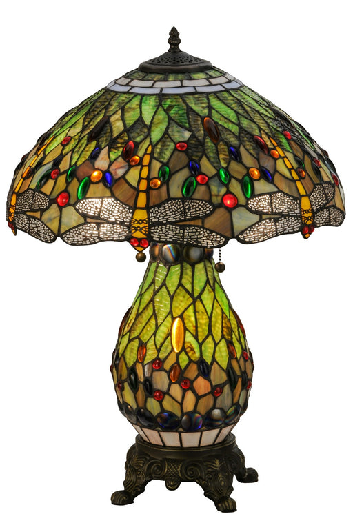 Meyda Tiffany - 118845 - Two Light Table Lamp - Tiffany Hanginghead Dragonfly - Antique Brass