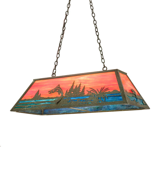 Meyda Tiffany - 192743 - Six Light Oblong Pendant - Trout & Fisherman - Weathered Brass