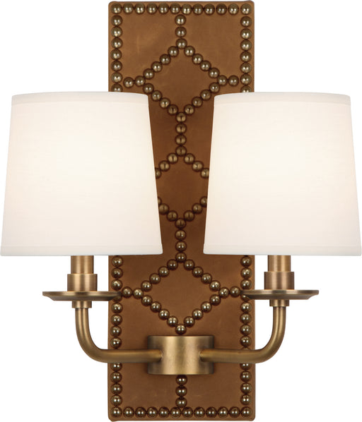 Robert Abbey - 1030 - Two Light Wall Sconce - Williamsburg Lightfoot - Backplate Upholstered in English Ochre Leather w/ Nailhead Detail/Aged Brass