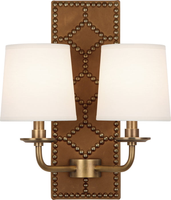 Robert Abbey - 1030 - Two Light Wall Sconce - Williamsburg Lightfoot - Backplate Upholstered in English Ochre Leather w/ Nailhead Detail/Aged Brass