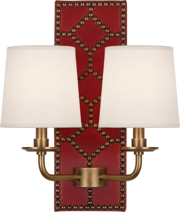 Robert Abbey - 1031 - Two Light Wall Sconce - Williamsburg Lightfoot - Backplate Upholstered in Dragons Blood Leather w/ Nailhead Detail/Aged Brass