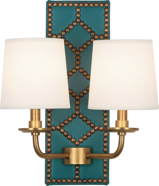 Robert Abbey - 1033 - Two Light Wall Sconce - Williamsburg Lightfoot - Backplate Upholstered in Mayo Teal Leather w/ Nailhead Detail/Aged Brass