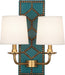 Robert Abbey - 1033 - Two Light Wall Sconce - Williamsburg Lightfoot - Backplate Upholstered in Mayo Teal Leather w/ Nailhead Detail/Aged Brass