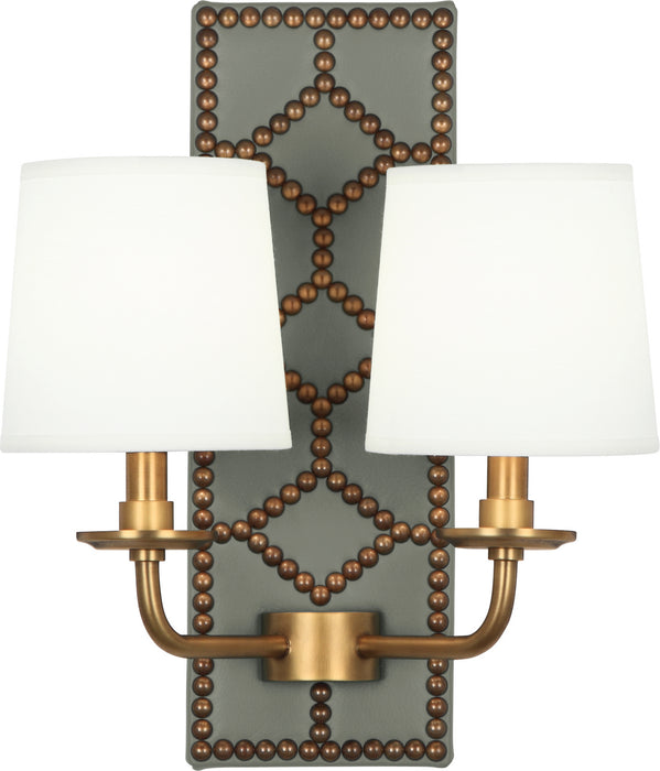 Robert Abbey - 1034 - Two Light Wall Sconce - Williamsburg Lightfoot - Backplate Upholstered in Carter Gray Leather w/ Nailhead Detail/Aged Brass
