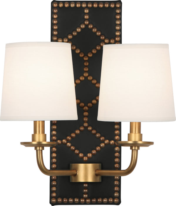 Robert Abbey - 1035 - Two Light Wall Sconce - Williamsburg Lightfoot - Backplate Upholstered in Blacksmith Black Leather w/ Nailhead Detail/Aged Brass