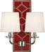 Robert Abbey - S1031 - Two Light Wall Sconce - Williamsburg Lightfoot - Backplate Upholstered in Dragons Blood Leather w/ Nailhead Detail/Polished Nickel