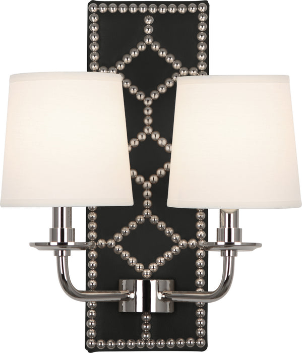 Robert Abbey - S1035 - Two Light Wall Sconce - Williamsburg Lightfoot - Backplate Upholstered in Blacksmith Black Leather w/ Nailhead Detail/Polished Nickel