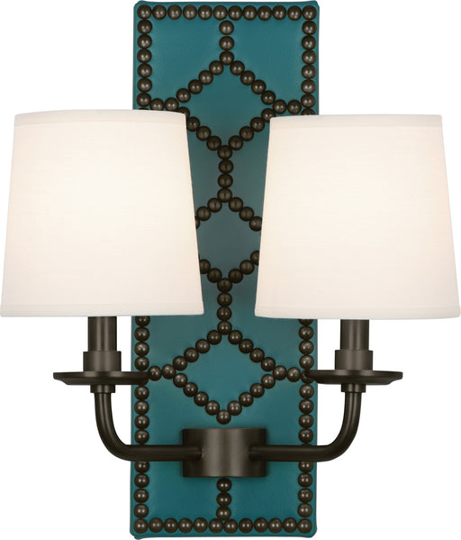 Robert Abbey - Z1033 - Two Light Wall Sconce - Williamsburg Lightfoot - Backplate Upholstered in Mayo Teal Leather w/ Nailhead Detail/Deep Patina Bronze